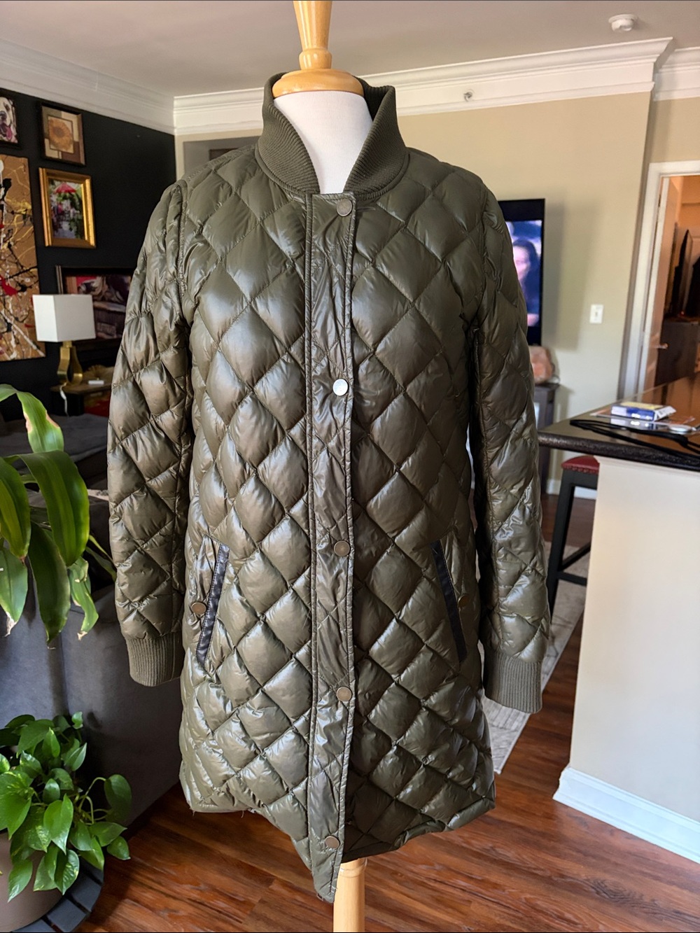 Lucky Brand Olive Green Diamond-Quilt Puffer Coat